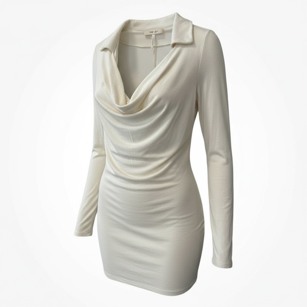 Free People Ribbed Cream Cowl Drape Neck Fitted Stretch Mini Dress size M